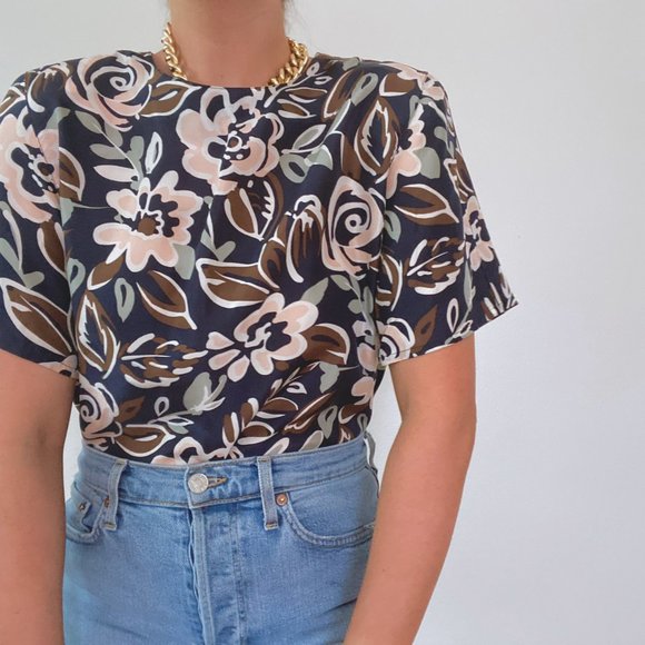 Vintage Silk Floral Short Sleeve Blouse Navy - Picture 2 of 8